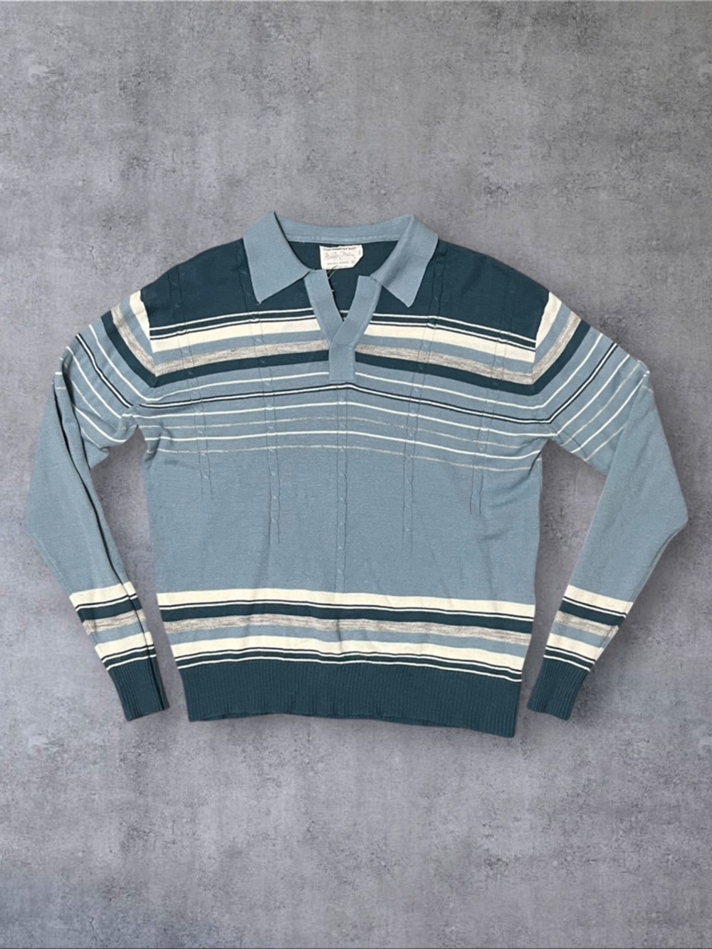 Vintage 70s Blue Stripe Knit Sz XL (Fits M/L) Mister Man Shirt
